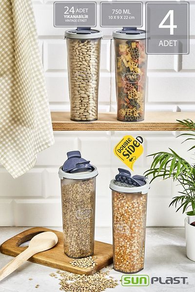 Sunplast 4-Piece Storage Container Set - Leak Proof Ergonomic Double Sided Lid - Anthracite Food Container - 750ML