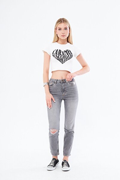 Kutaf Pantaloni Mom Jeans pentru damă, gri tăiați cu laser