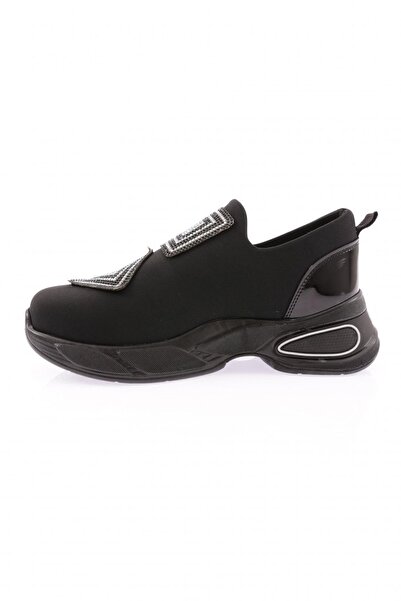 DGN Kadın Strech Taş Motifli Mega Kalın Taban Sneakers Ayakkabı Siyah 237213116