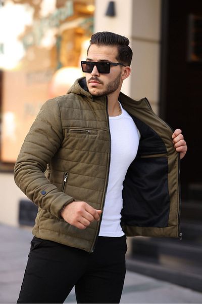 Mero Life Men's Khaki Slim Fit Hooded Suede Coat