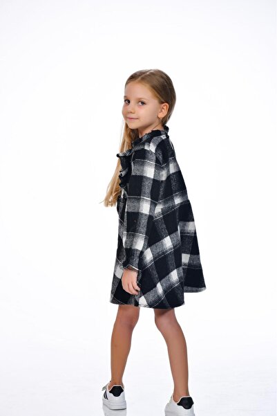 Kamex Ekose Kara Desen Fırfırlı Uzun Kol Elbise Beyaz Siyah