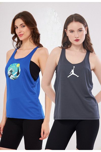 Moda Işık Sports Tank Saks Blue Anthracite Color 2-Piece Jordon Winter Printed