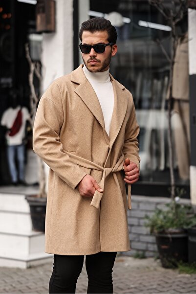 Mero Life Erkek Hardal Kemerli Oversize Rahat Kesim Kaşe Kaban