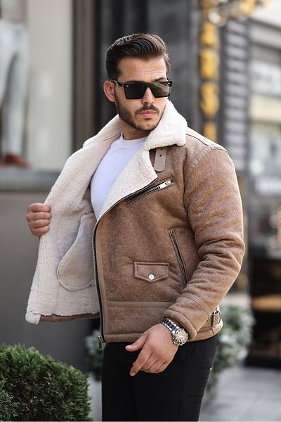 Mero Life Ανδρικό δερμάτινο Napa Full Fur Inside Υψηλής ποιότητας Slim Fit Cream παλτό & μπουφάν