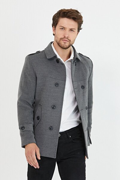 Mero Life Erkek Gri Kemerli Kaşe Kaban Trenç Model