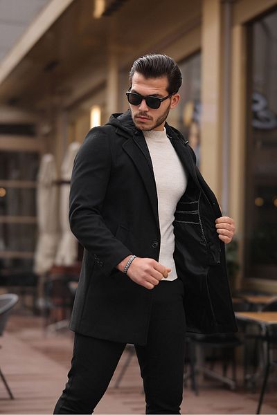 Mero Life Ανδρικό παλτό με κουκούλα από μαύρο μαλλί κασμίρ με φερμουάρ και κουμπιά στο μπροστινό μέρος