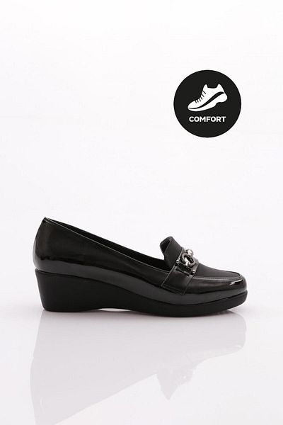 DGN 23072 Model Black Patent Leather - Wedge Heeled Women's Shoes with Metal Accessories