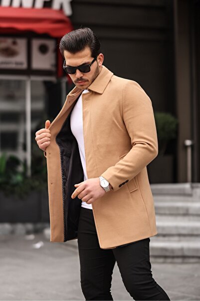 Mero Life Мъжко палто с яка и риза с щампа от смесена вълна за мъже