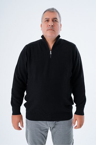 Trist Star Men's Black Knitwear Sweater - Plus Size, Zippered, Stand Collar, 100% Cotton Trist-2113