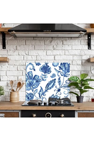 Decovetro Ocak Arkası Koruyucu Mavi Çini Çiçek Desenli 60x40cm