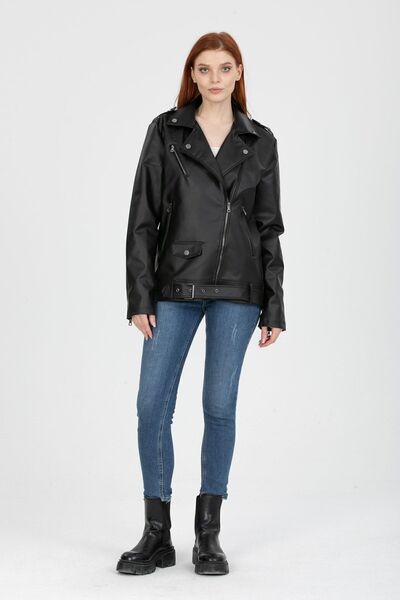 Mero Life Kadın Siyah Baharlık Oversize Içi Kürklü Kemerli Biker Deri Ceket