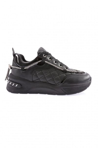DGN Women's Silver Stone Rope Detailed Lace up Sneakers Shoes Black Quilted 1232831