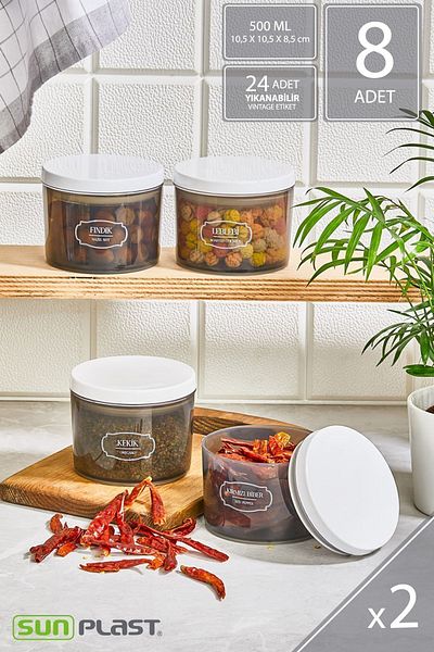 Sunplast Set of 8 Storage Containers - Leak Proof Ergonomic Lid - Food Container with White Lid - 500ML