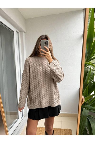 İLKCET MODA سترة تريكو ووشاح سميك - تفاصيل جديلة الشعر