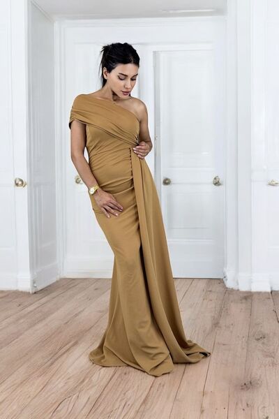 ALFUDO Moda Collection Ewo Kiremit Renk Kuyruklu Tek Omuz Abiye Elbisesi