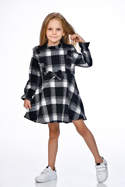 Kamex Ekose Kara Desen Fırfırlı Uzun Kol Elbise Beyaz Siyah