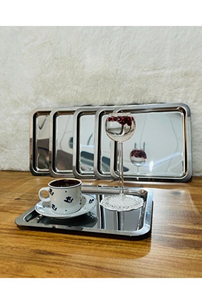 BİMOTE 6-Piece Stainless Steel 21x21cm Square Tea, Coffee, Cake Serving Tray Decorative Presentation Tray