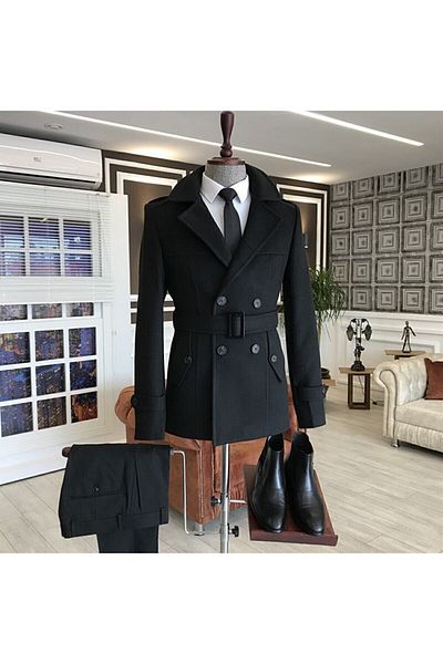 Mero Life Pánský model Trench Cashew Coat Black Belted