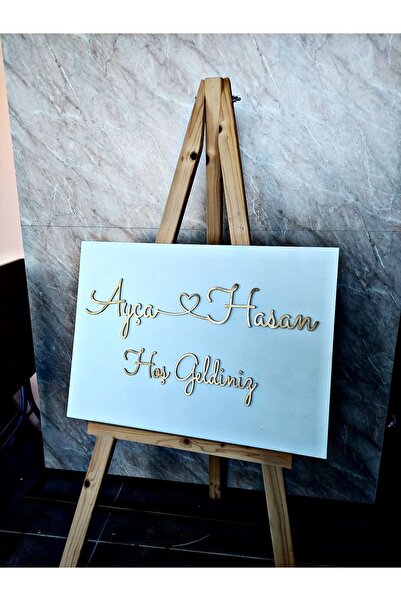 Seyyar Atölye Kişiye Özel Beyaz Ahşap Mdf Üzerine Gold Kabartma Karşılama Panosu