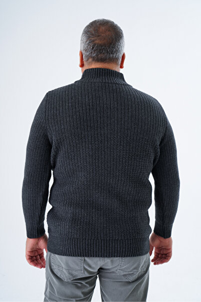 Trist Star Men's Anthracite Knitwear Wool Sweater - Zigzag Execution, Stand Collar, Short Zipper, Plus Size Trist-2117