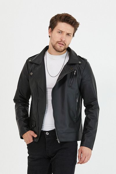 Mero Life Ανδρικό δερμάτινο μπουφάν μαύρο διαγώνιο με φερμουάρ