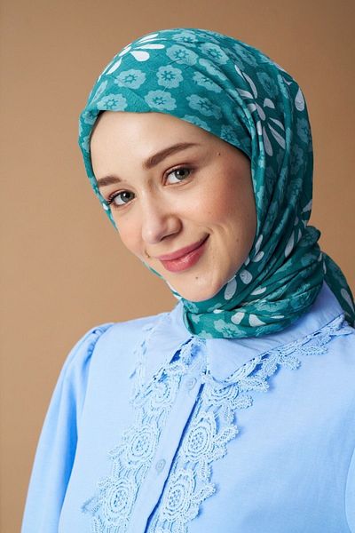Modakaşmir Mint Colored Vintage Daisy Patterned Bamboo Scarf