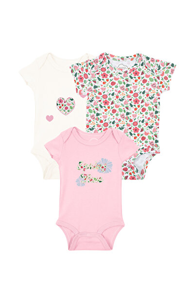 Mavipink Kız Bebek Çiçekli Kalpli Kısa Kol Zıbın Body 3'lü Takım