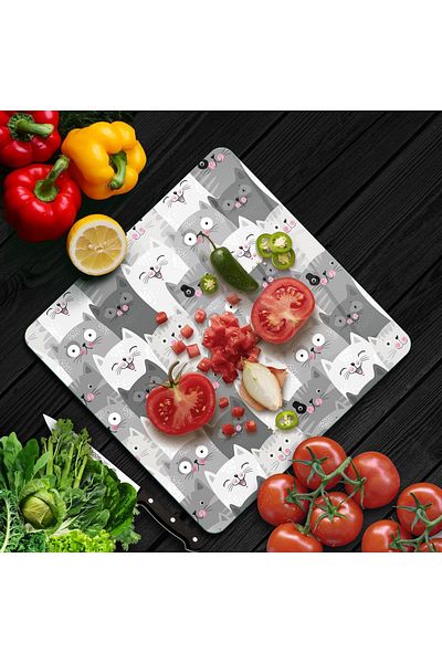 Decovetro Kity Cat Patterned Square Glass Cutting Board