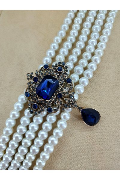 TMD AKSESUAR Glass Pearl Collar Necklace Designed Using Ancient Brooch with Sapphire Zircon Stone