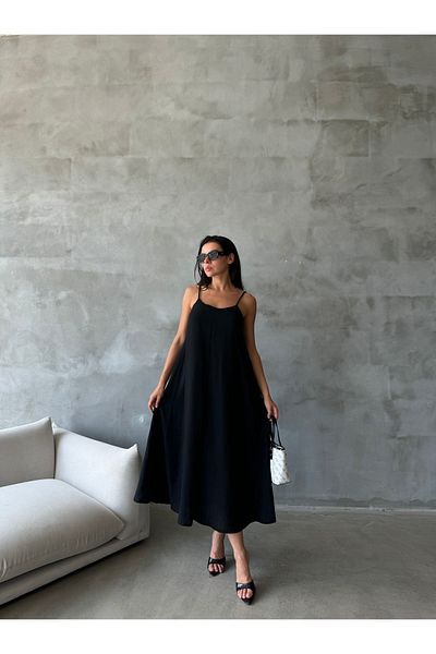 Gi Collection Rochie midi din in negru - Curea reglabila