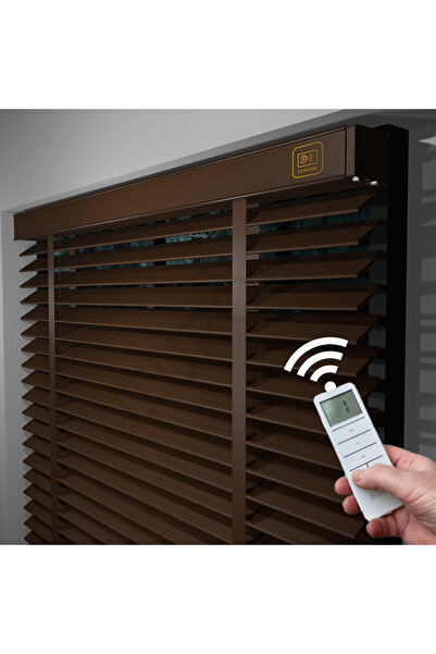 JaluziByEuro216 MOTORLU Ahşap Jaluzi Perde 50 mm %100  Ahşap Kurdeleli CEVİZ ...