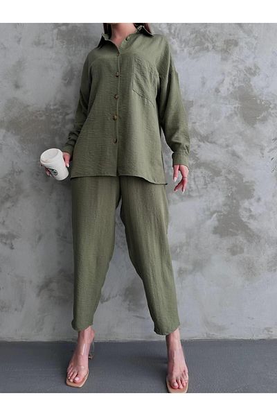 Irmak Kerekli 10277 Linen Double Set Khaki Bottom Top Set, Women's Bottom Top Set, Knitwear Bottom Top Set, Khaki Set
