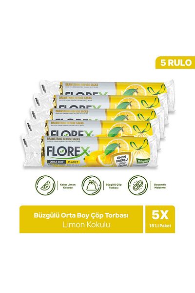 Florex Drawstring Lemon Scented Medium Garbage Bag X 5 Rolls