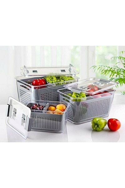LeesHome Lossa Lux 3 Pieces Refrigerator Organizer with Strainer (2,5 LT, 5 LT, 9 LT) Set-Storage Refrigerator Organizer