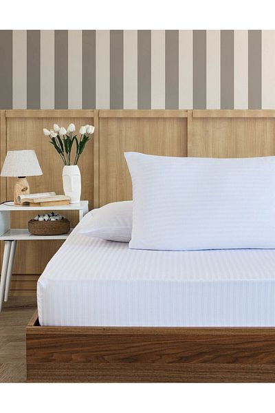 VAVEY Λευκό ριγέ Σετ Σατέν Σεντόνια - 180x200cm Διπλό, Ελαστική Μαξιλαροθήκη 50x70