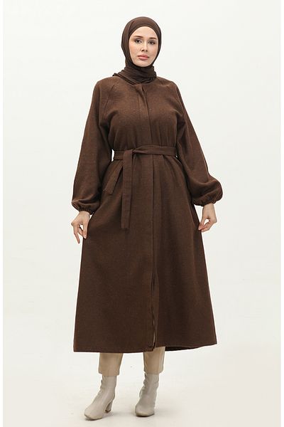 sefamerve Brown Stamp Coat - Hidden Button Detail, Model 3200-04
