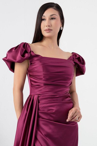 PULLIMM Satin Dress - Square Collar and Slit, Sb6053