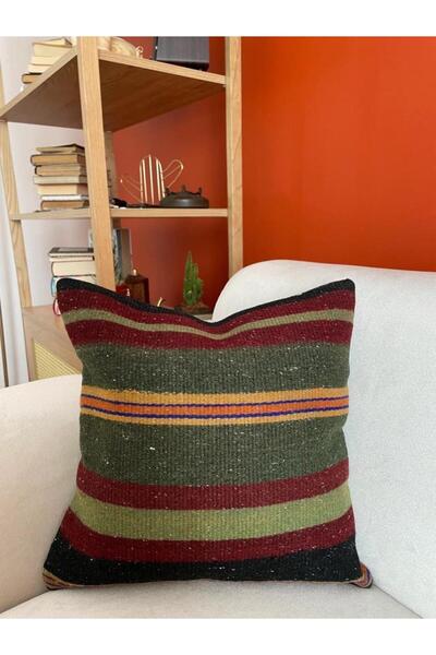 DesignEv 40x40 cm Harika Kırmızı Yeşil Çizgili Desen El Dokuma Antik Retro Kı...