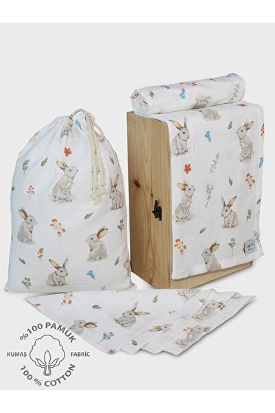 Atölye Eda Exclusive Cotton Muslin Blanket Baby Blanket and 4-Piece Mouth Wipes Set 6 Pieces
