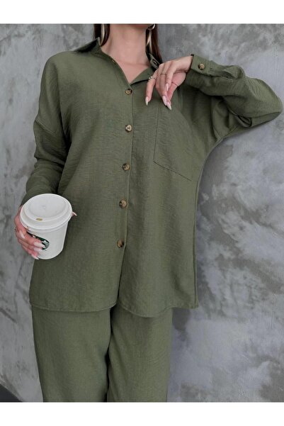 Irmak Kerekli 10277 Linen Double Set Khaki Bottom Top Set, Women's Bottom Top Set, Knitwear Bottom Top Set, Khaki Set