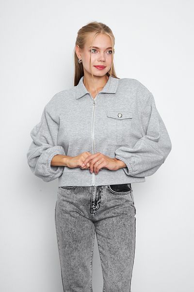 CrazyShopping Women's Jacket with Balloon Sleeves and Zipper - Shirt Collar