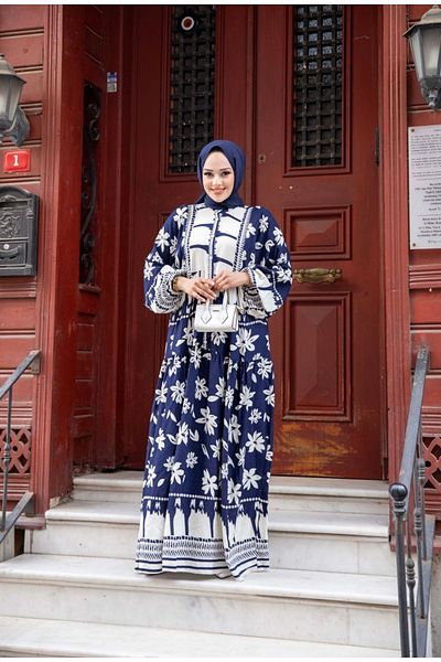 Tesettür Diyarı Viscose Patterned Oversize Hijab Dress - Size 38-44 (Women)