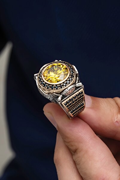 ALYANSEVİM Yuvarlak Sarı Sitrin Taşlı 925 Gümüş Erkek Yüzük