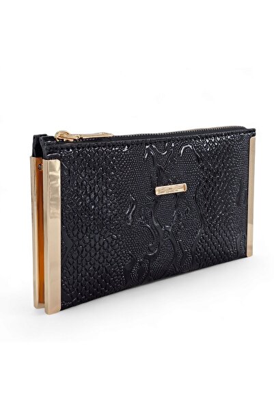 Evident Siyah Yılan Desen Baskılı Küçük Portföy & Kadın El Çantası (19 X 11)