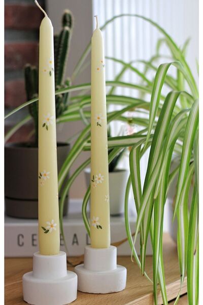 BARİA HOME Çiçek Desenli Krem 2'li Mum, Şamdan Mumu