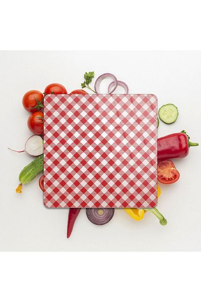 Decovetro Red and White Patterned Square Glass Cutting Board