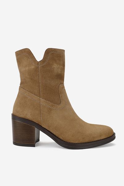 TUNAELLİ Γυναικείες Μπότες Beige Suede - Γνήσιο Φυσικό Δέρμα, Χοντρό Τακούνι, Μποτάκι