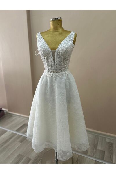 TUĞÇE ÜNVERENLER Helen Model Midi Boy Fransız Dantel Pul Işlemeli Krem Renk Nikah, After Party Elbisesi