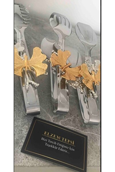 Elzem Dekoratif 3lü Paslanmaz Çelik Maşa Seti Servis Maşası Lüx Sunum