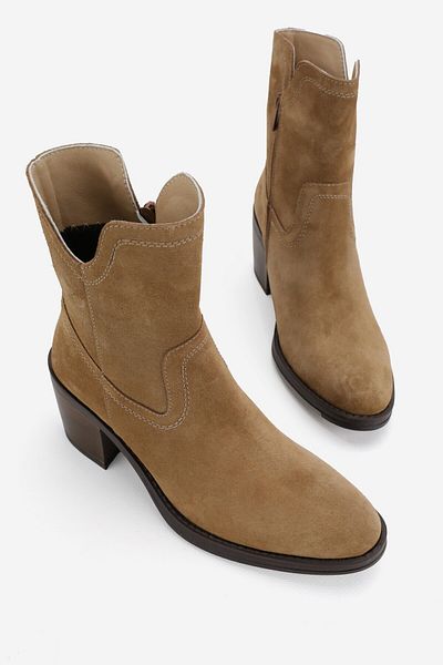 TUNAELLİ Γυναικείες Μπότες Beige Suede - Γνήσιο Φυσικό Δέρμα, Χοντρό Τακούνι, Μποτάκι